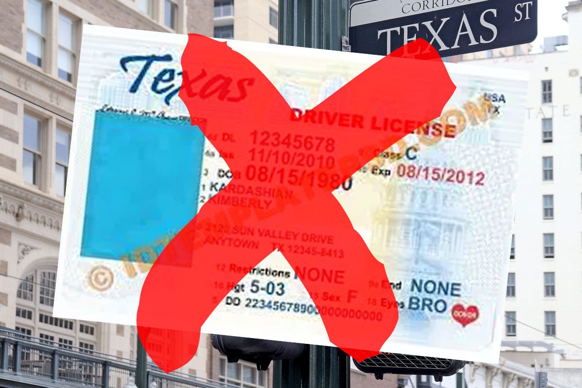 A red cross over the top of a texas driver 's license.
